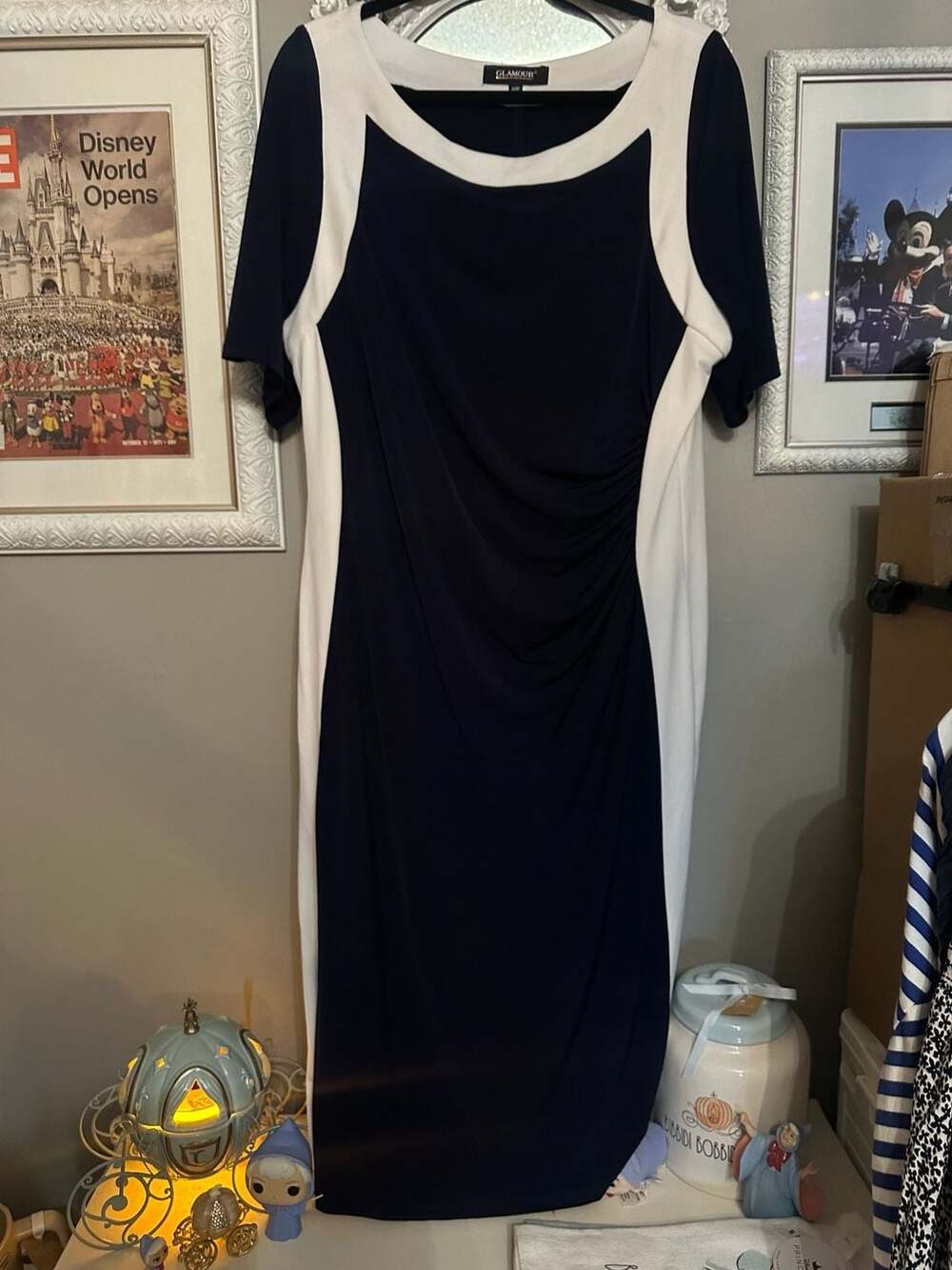 Glamour Navy and White Colorblock Midi Dress with Side Ruched Detail - Picture 2 of 8
